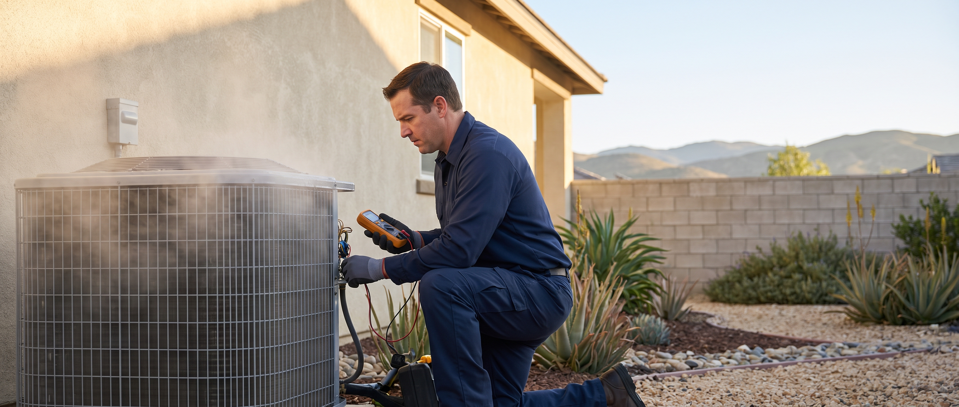 HVAC technician inspecting an outdoor heat pump beside a stucco home on a cool morning