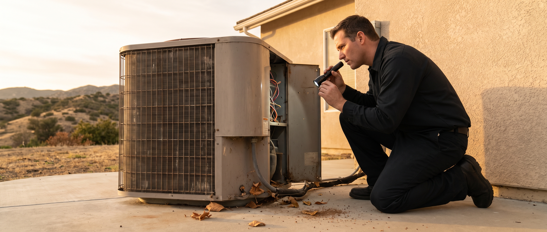 HVAC technician inspecting an outdoor heat pump unit beside a stucco home on a sunny autumn evening
