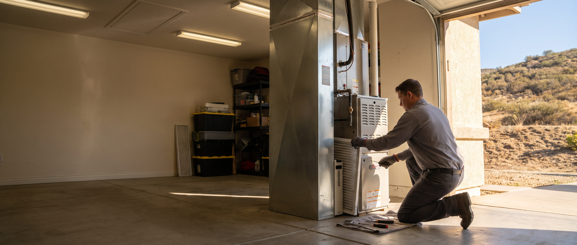 HVAC technician installing a media air filter cabinet on a furnace in a sunny San Diego home garage