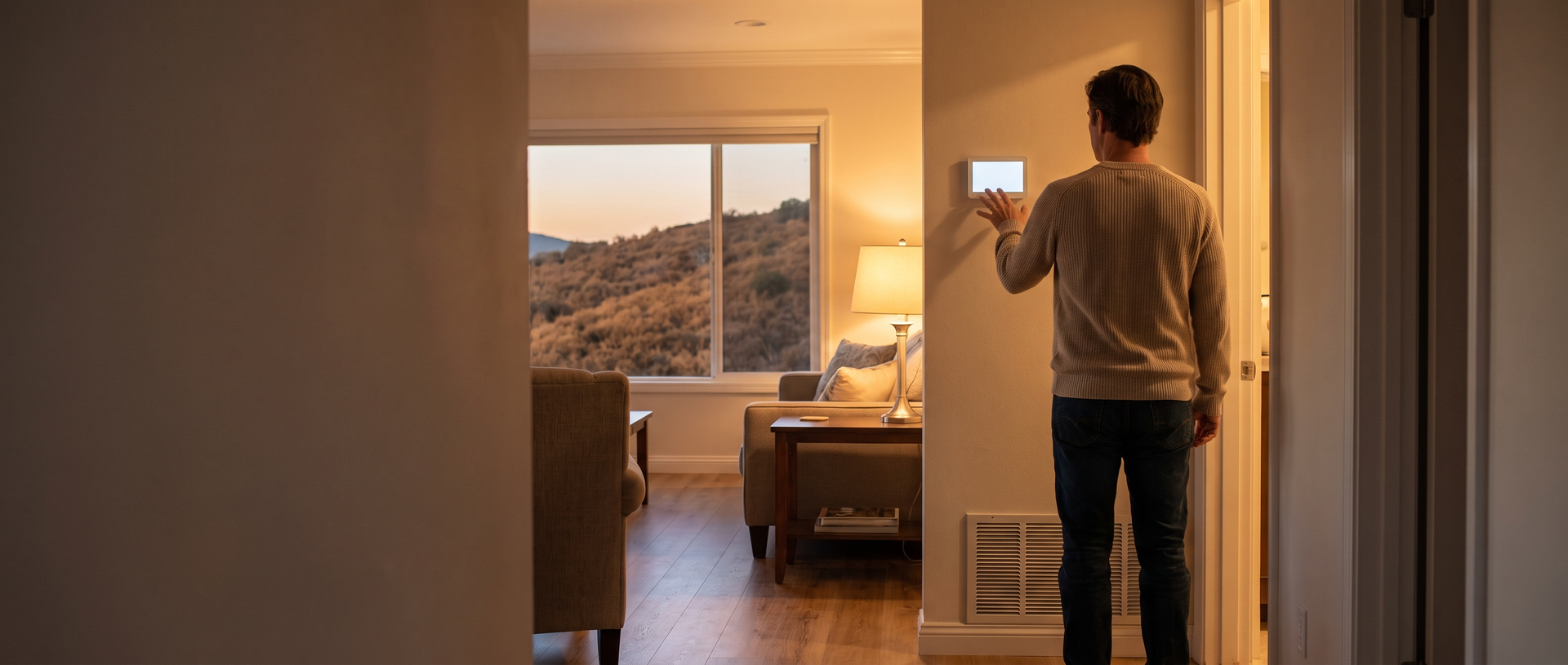Homeowner checking a hallway thermostat at dusk 