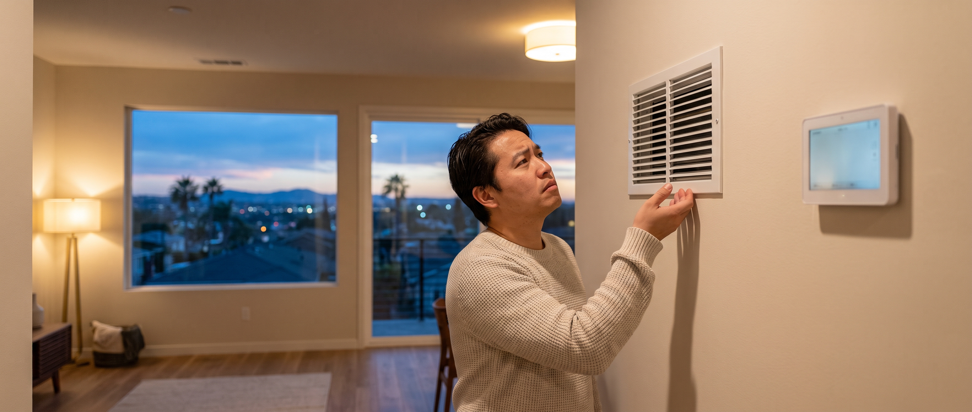 Homeowner in a sweater checking airflow from a wall vent beside a thermostat on a cool evening