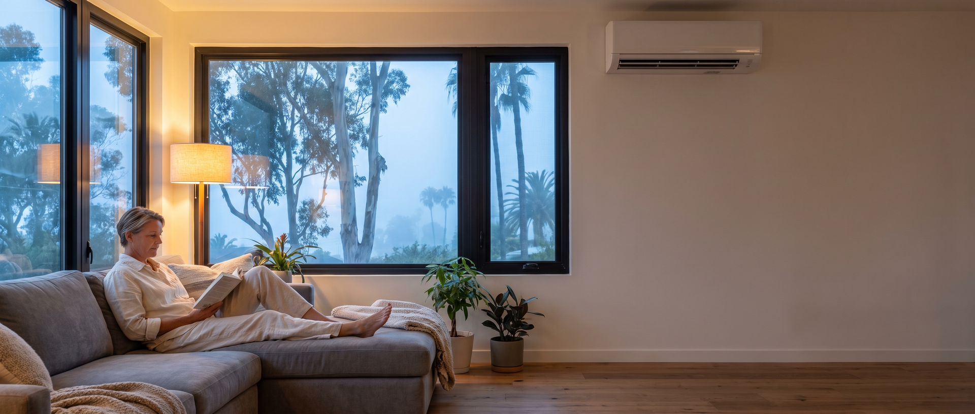 Homeowner reading in a bright La Jolla home addition with a wall-mounted ductless mini-split.