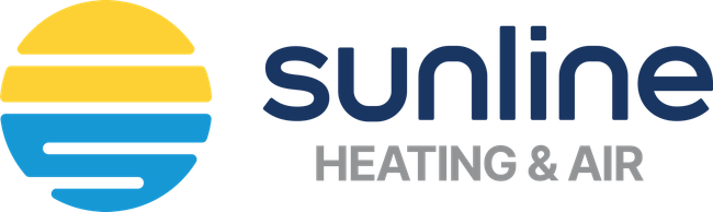 Sunline Heating & Air logo: yellow and blue sun over dark blue