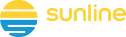 Sunline Heating & Air logo with a yellow and blue striped sun icon and yellow lowercase text