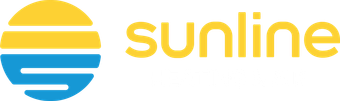 Sunline Heating & Air logo with a yellow and blue striped sun icon and yellow wordmark