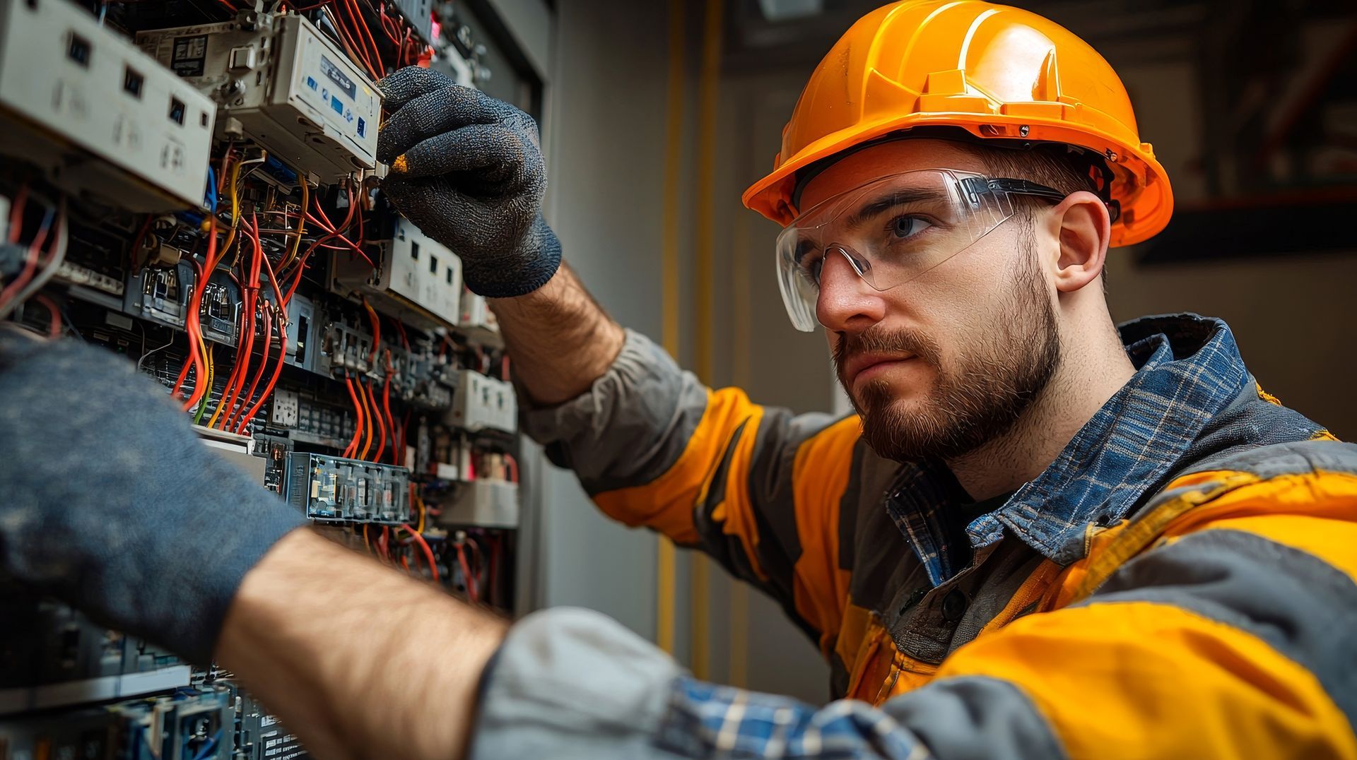 Electrician in hard hat inspecting breakers inside an electrical panel.