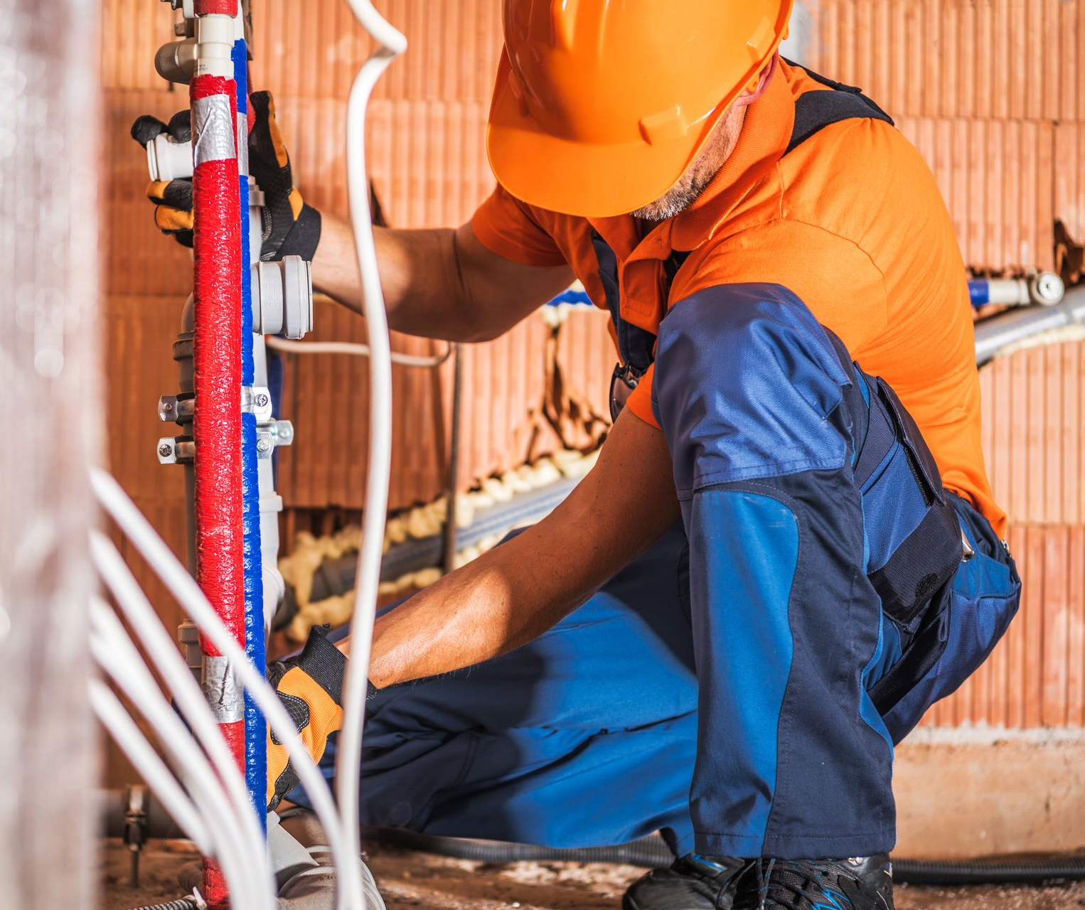 A male plumber, wearing a plumbing uniform, fixes a silver faucet in a kitchen. A man wearing an orange shirt and hard hat is repairing a pipe, focused on his task.