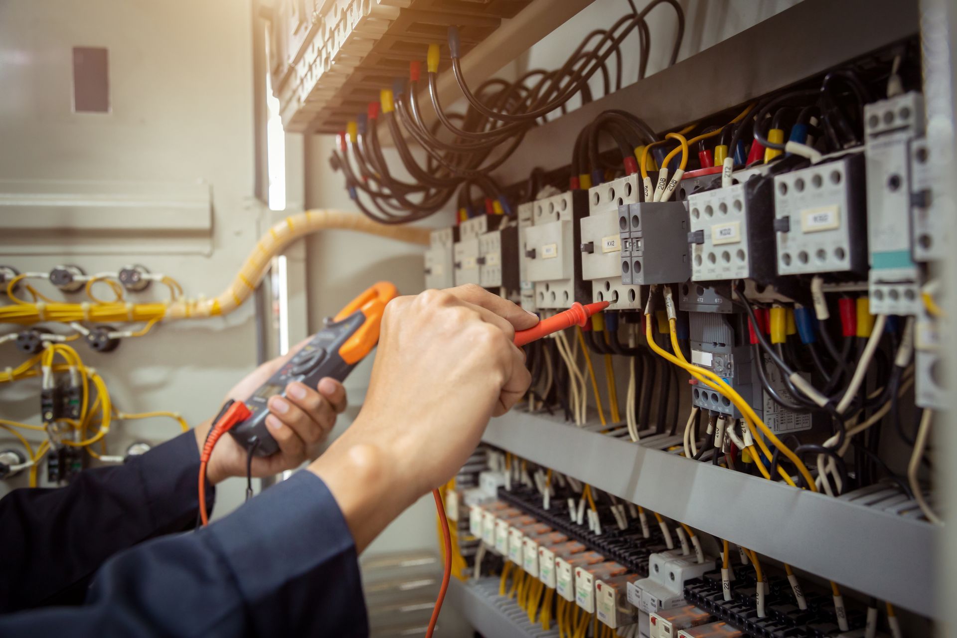 Electrician testing wiring in an open electrical control panel with a multimeter