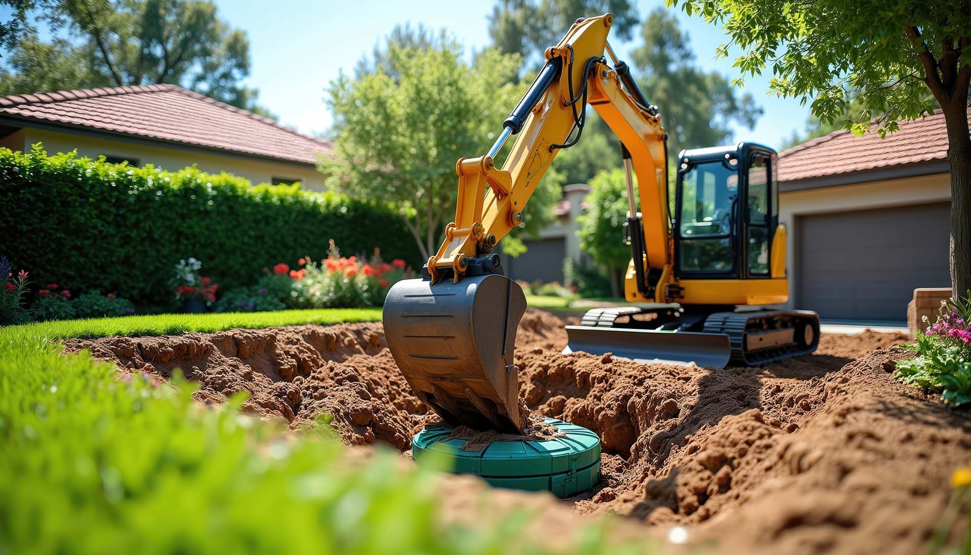 A mini excavator digging a trench for a professional residential septic system installation. A mini excavator digging a trench for a professional residential septic system installation.