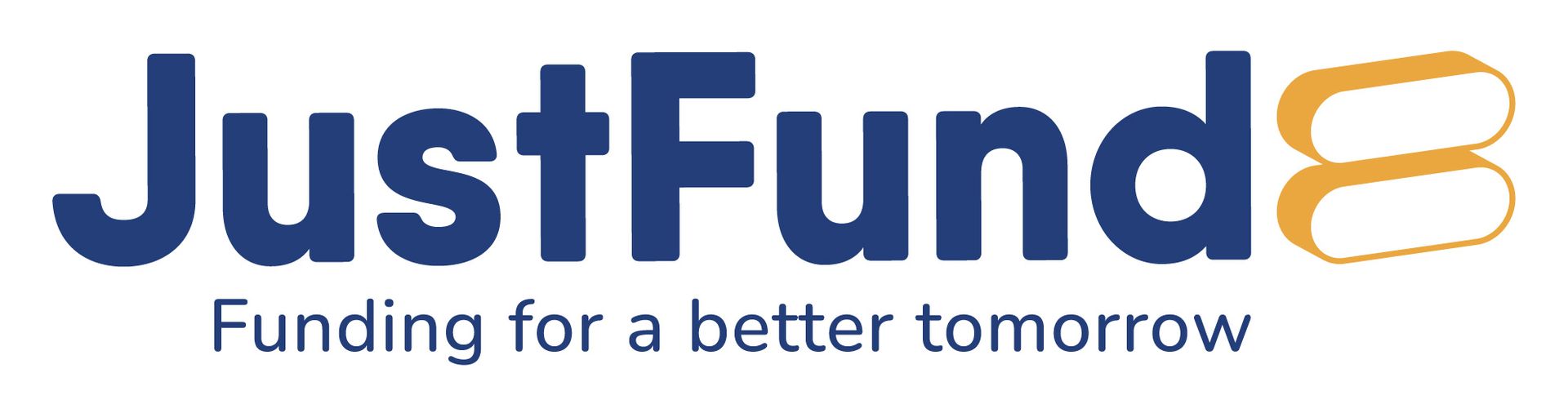 JustFund logo with blue text, orange mark, and tagline “Funding for a better tomorrow”