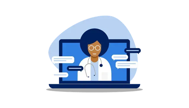 Doctor on a laptop screen with a medical cross, using a headset in a blue healthcare illustration