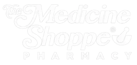 Medicine Shoppe Pharmacy logo in white text with a mortar and pestle icon on a light background