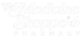 Medicine Shoppe Pharmacy logo in white text with a mortar and pestle icon on a light background