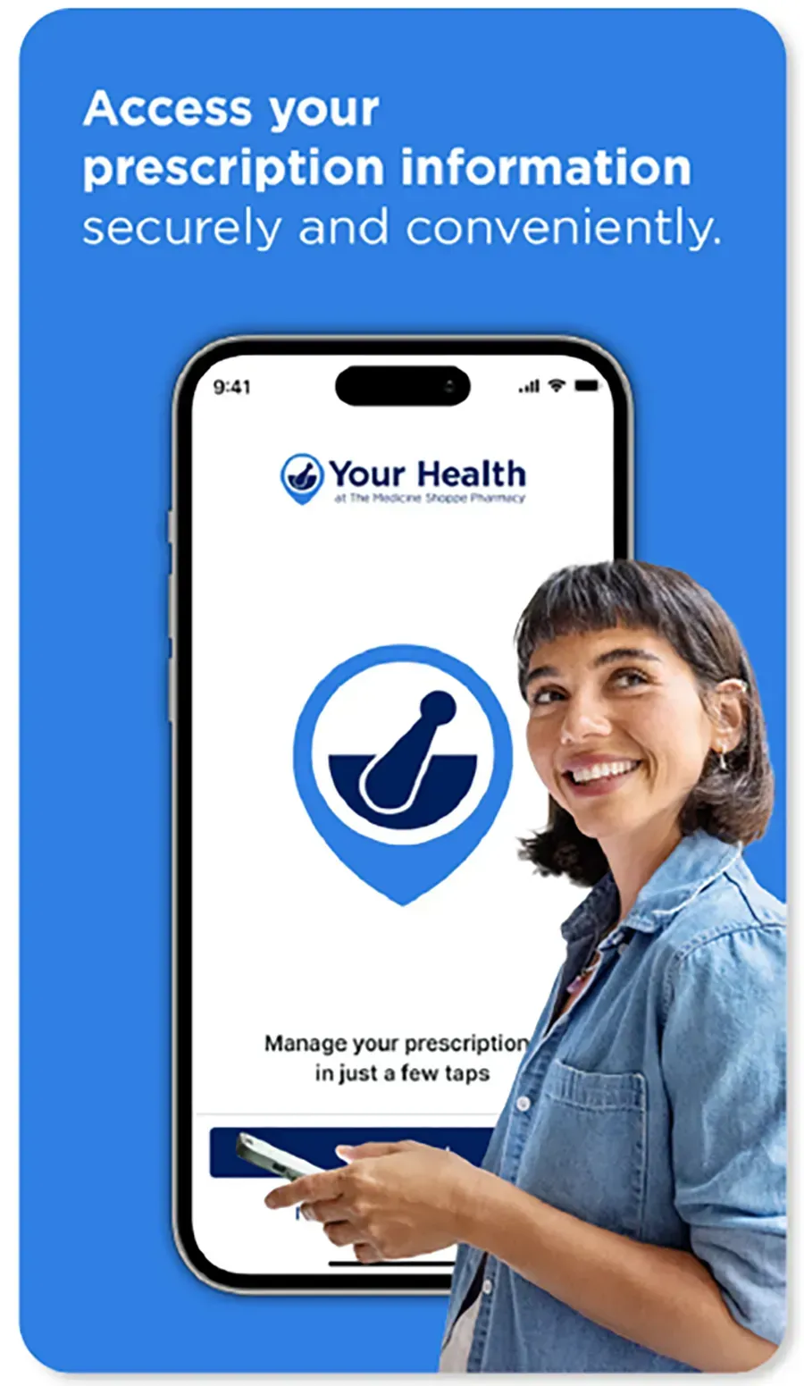 Blue prescription app promo with a smiling person holding a phone beside a shield icon.