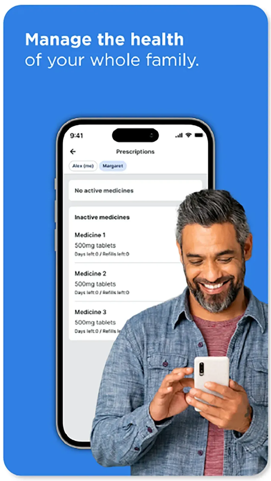 Man smiling while using a phone beside a health app screen on a blue background
