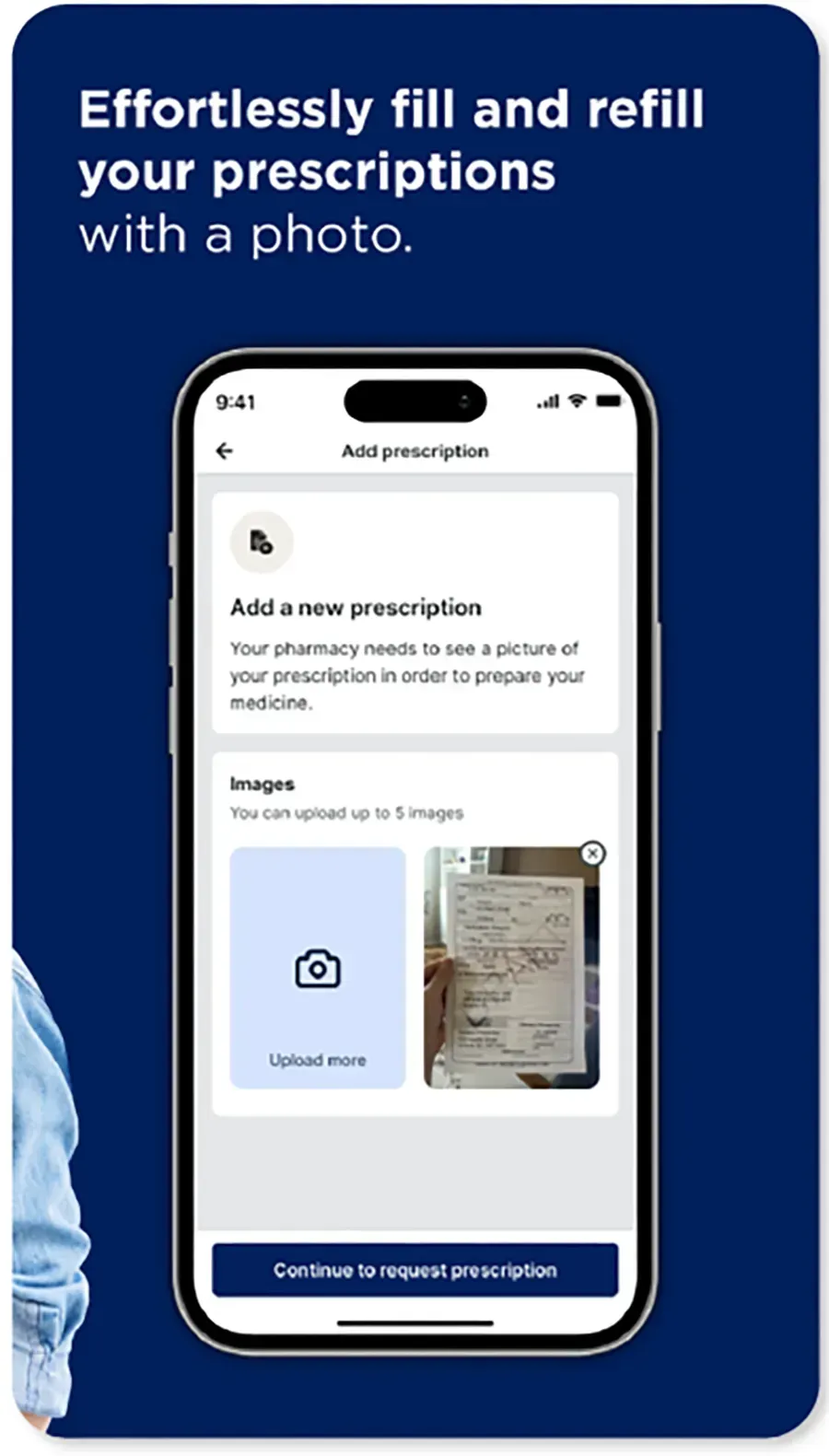 Blue app promo with phone mockup for effortless prescription refills by photo upload