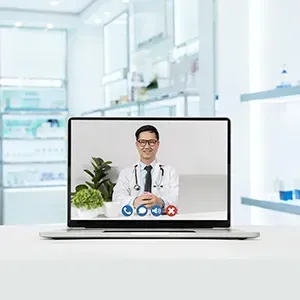 Laptop displaying a doctor in a bright clinic, with white shelves and medical supplies in the background