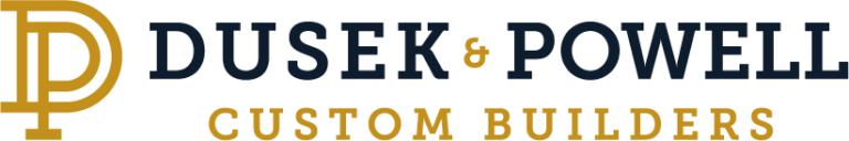 Logo of Dusek & Powell Custom Builders in gold and navy blue.