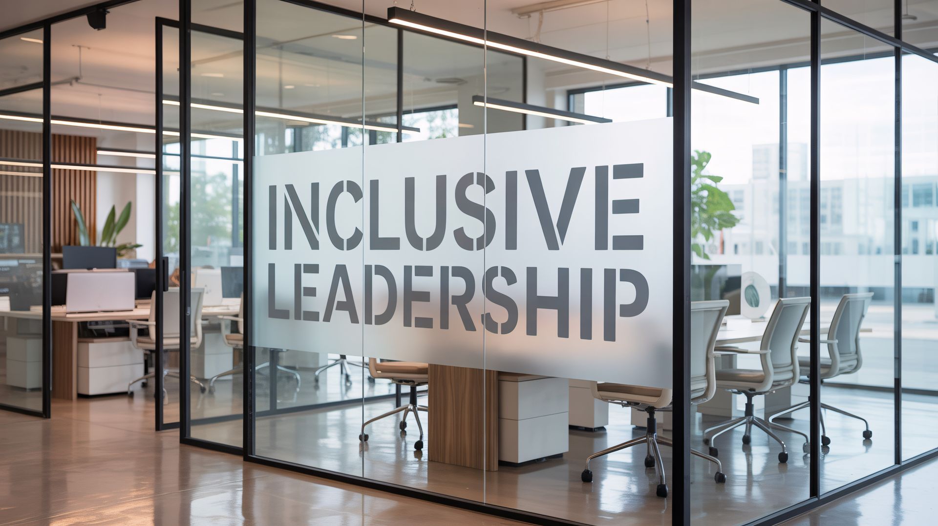 L'inscription « LEADERSHIP INCLUSIF » est imprimée sur une cloison de bureau en verre dépoli, à l'intérieur d'un espace de travail moderne et ouvert.