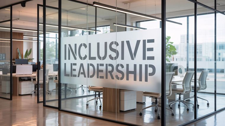 A modern office glass partition featuring the bold, stenciled text 