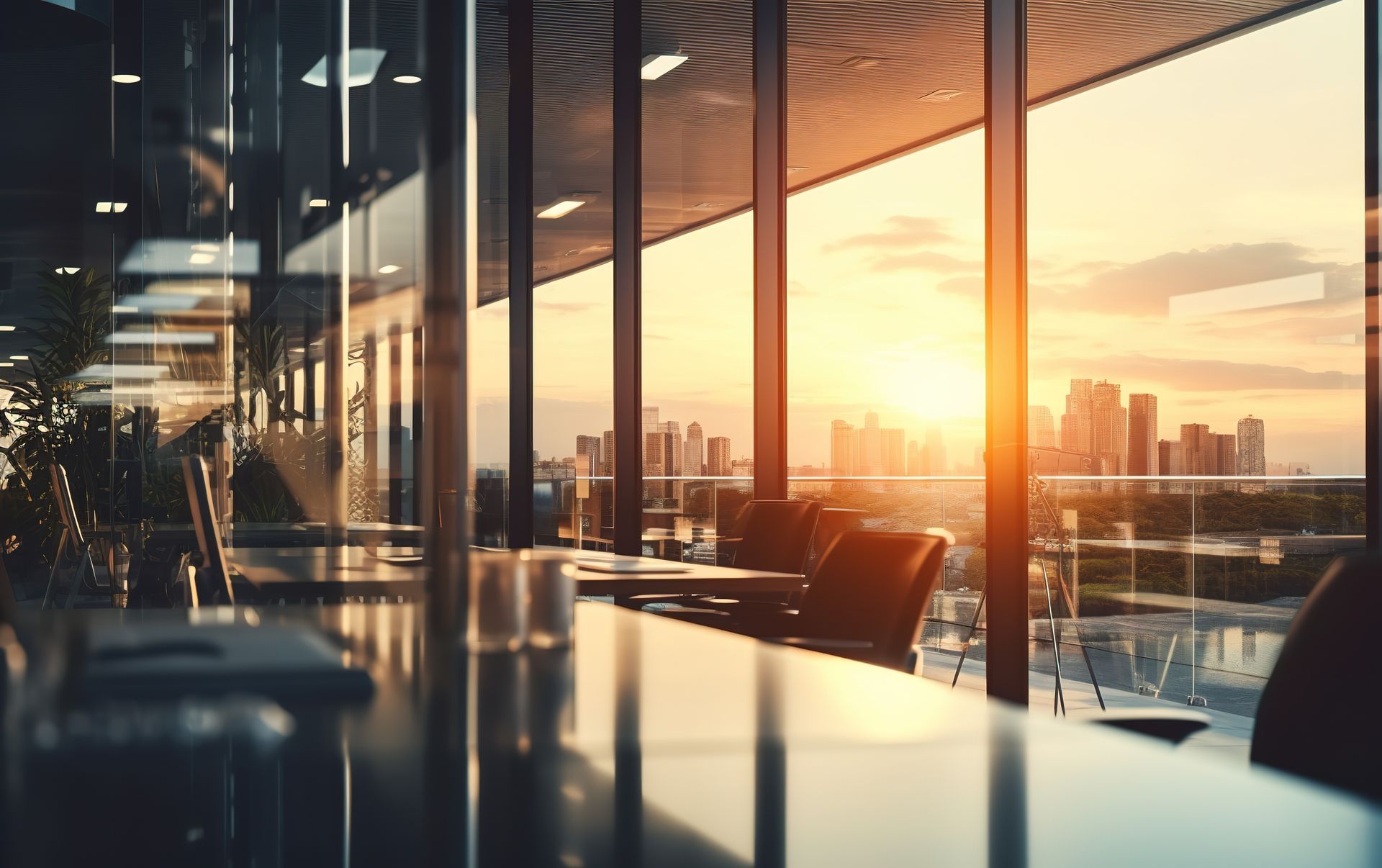Intérieur de bureau moderne au coucher du soleil, offrant une vue panoramique sur la ville grâce à de grandes baies vitrées.