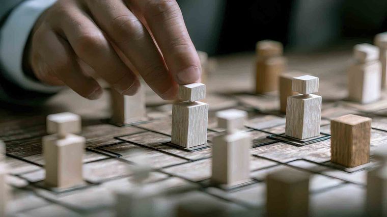 A hand moves a light-colored wooden chess-like piece on a grid board among other carved wooden game pieces.
