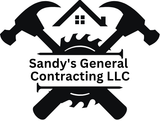 Logo for Sandy's General Contracting LLC, featuring crossed hammers, a saw blade, house icon, and company name.