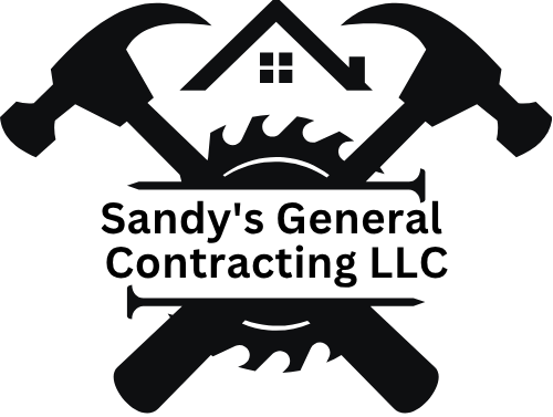 Logo for Sandy's General Contracting LLC, featuring crossed hammers, a saw blade, house icon, and company name.