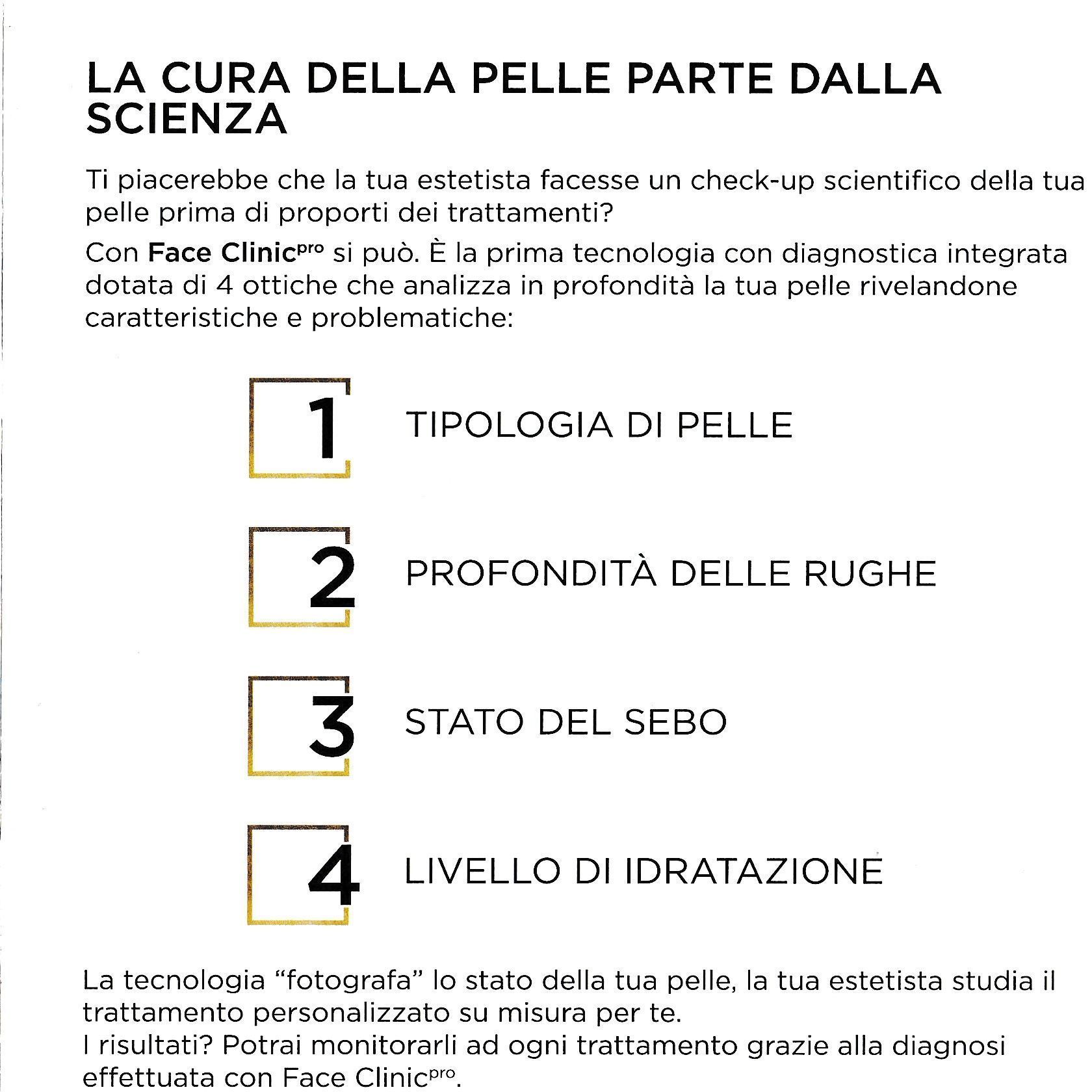 Infografica italiana sulla cura della pelle che elenca 4 aspetti da verificare: tipo di pelle, profondità delle rughe, sebo e livello di idratazione.