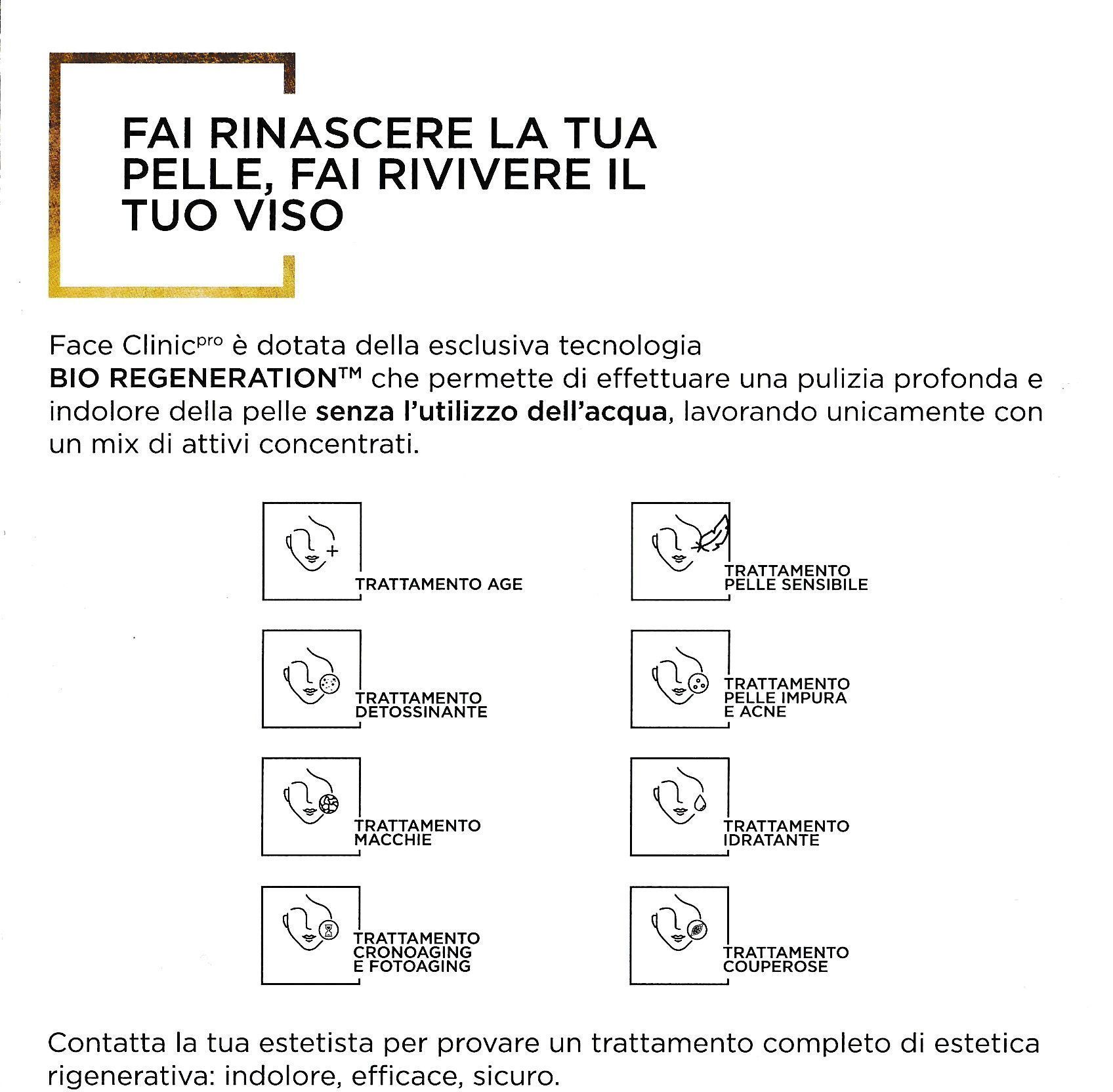 Promozione in bianco e nero di una pulizia viso con icone dei trattamenti disponibili e testo descrittivo.