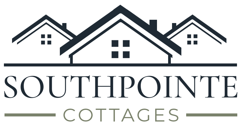 Southpointe Cottages logo with stylized rooftops and gray text