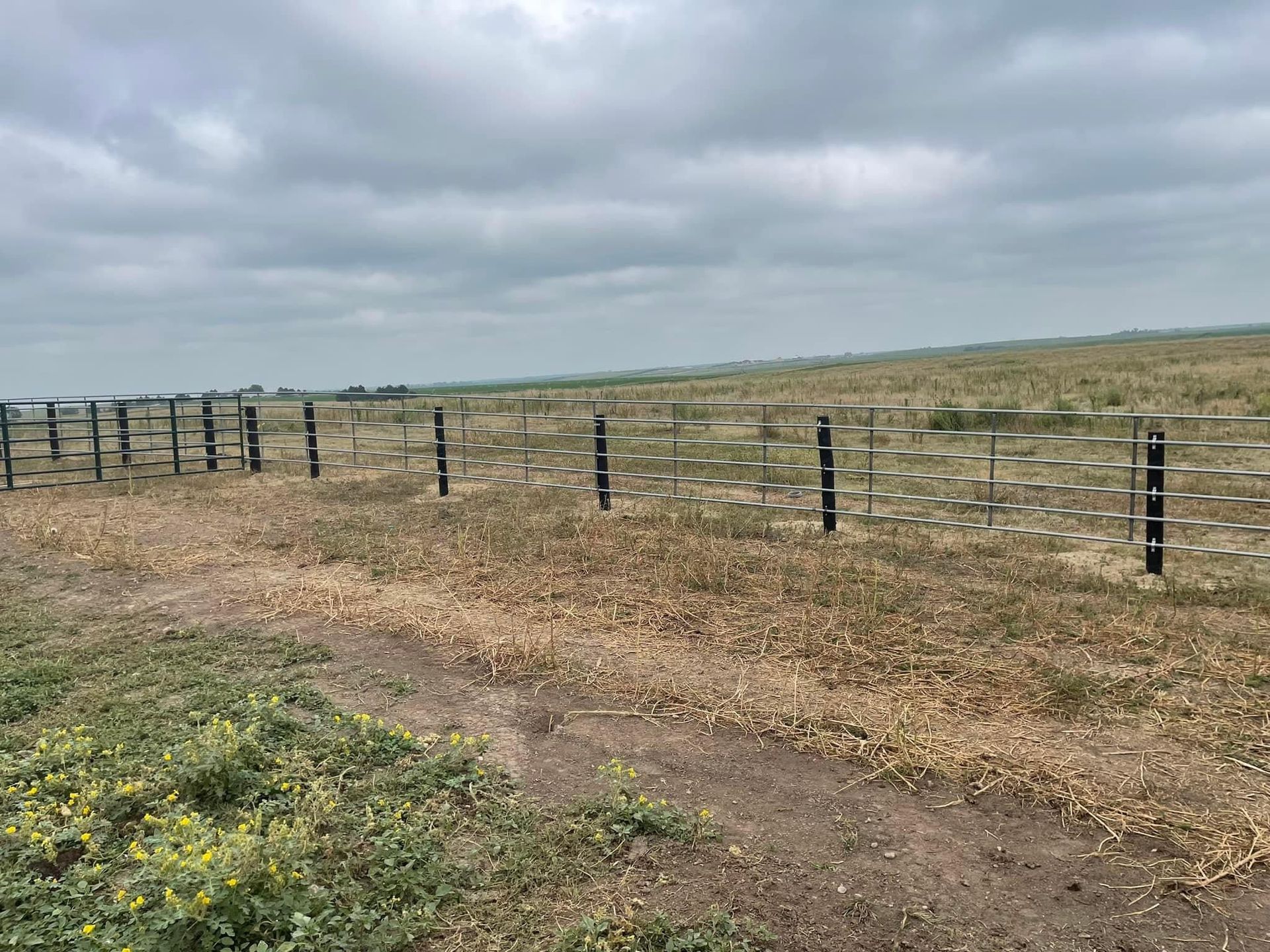 There is a fence in the middle of a field.