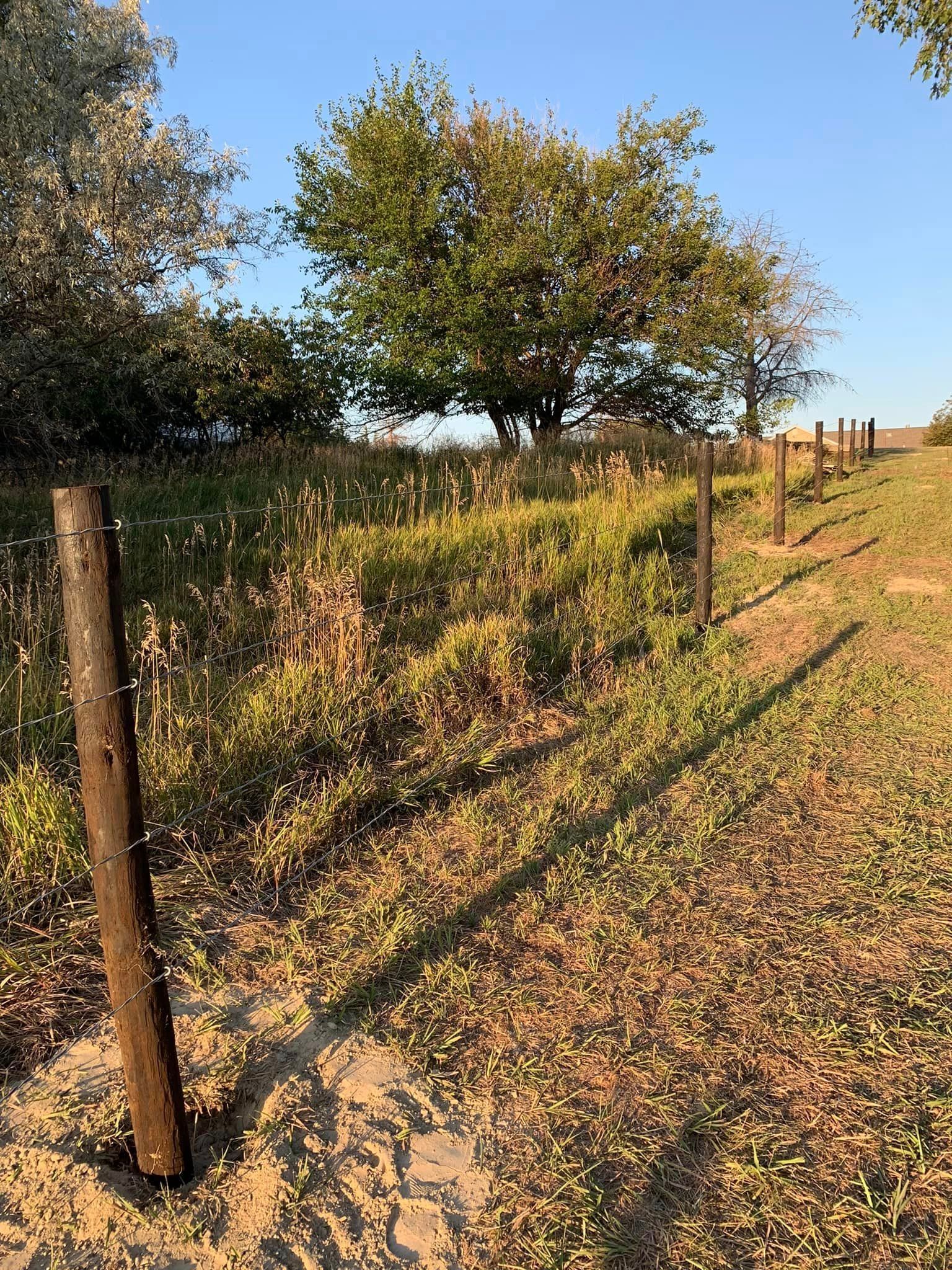A wooden post in the middle of a field with trees in the background.