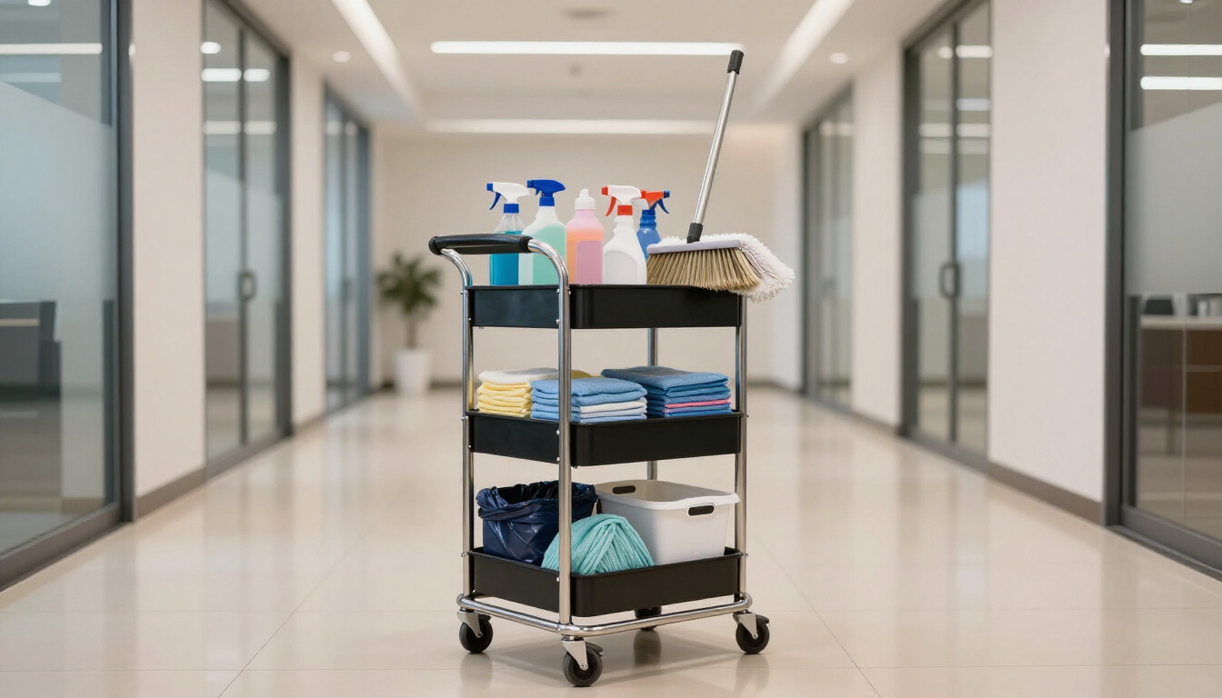 Janitorial supplies in a clean hallway