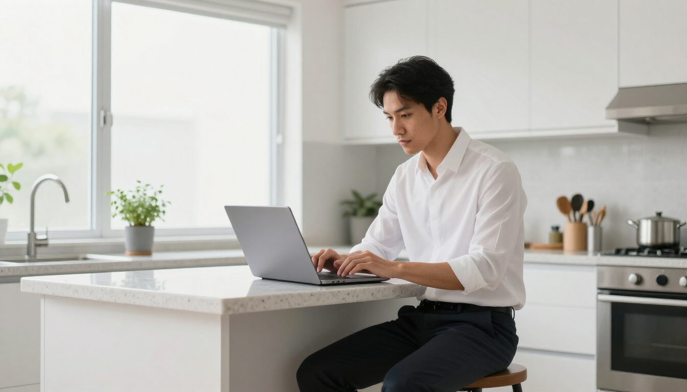 Busy professional working in a clean home environment