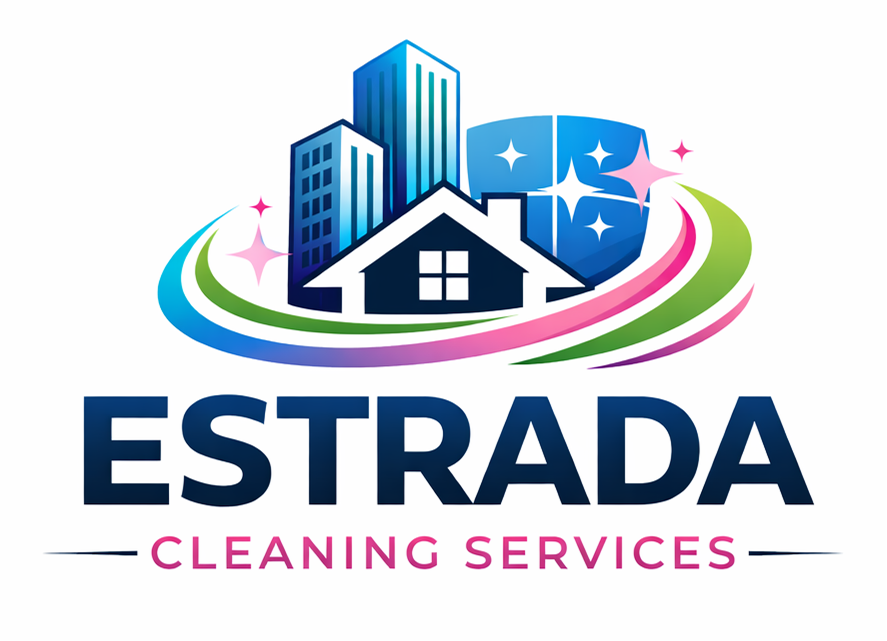 Logo for Estrada Cleaning Services, with buildings, a house, and a shield, all surrounded by arcs and stars.