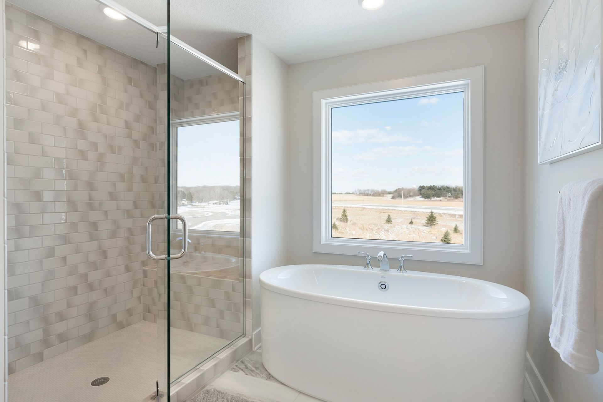 A bathroom with a tub , shower , and window.