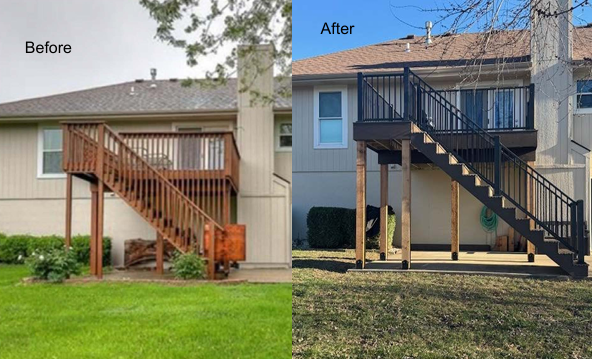 Comparison of a wooden deck before and after renovation; new dark railing and deck boards.