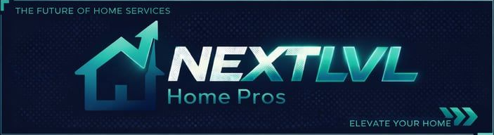 NEXTLVL Home Pros logo on dark blue background with teal house icon and “Upgrade Your Home” tagline