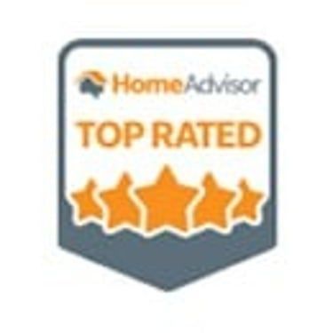 HomeAdvisor Top Rated badge with orange stars on a gray shield-shaped emblem