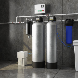 Water filtration system with two silver tanks, control box, and blue filter in a utility room