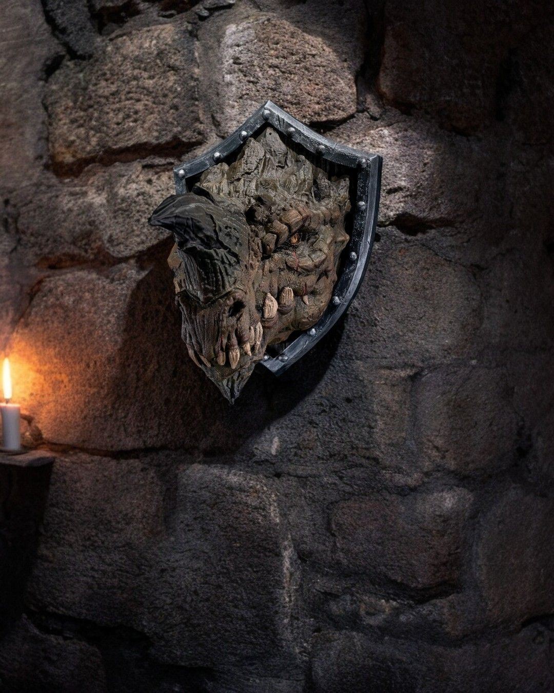 A shield with a skull on it is hanging on a stone wall next to a candle.