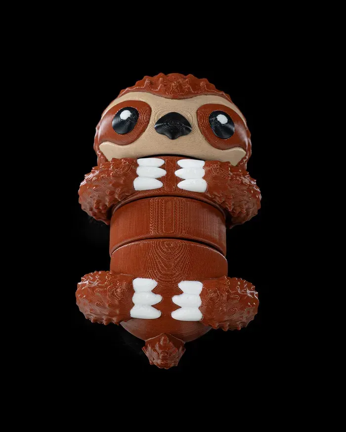 A close up of a sloth toy on a black background.
