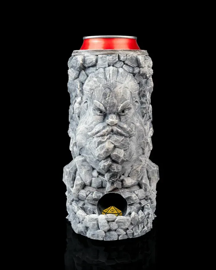 A statue of a man with a beard is holding a can of soda.