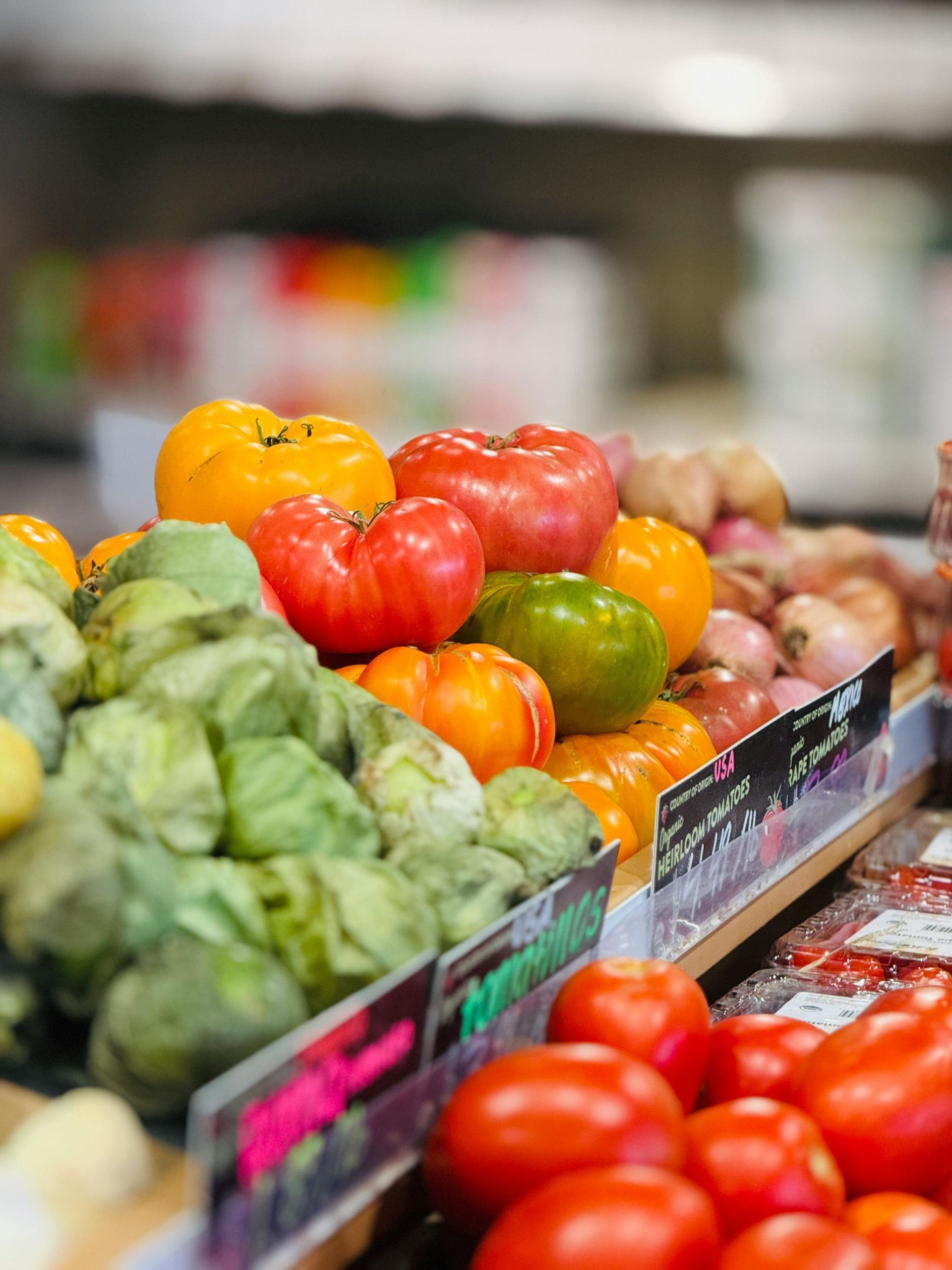 Fresh vegetables on display at a local health food store