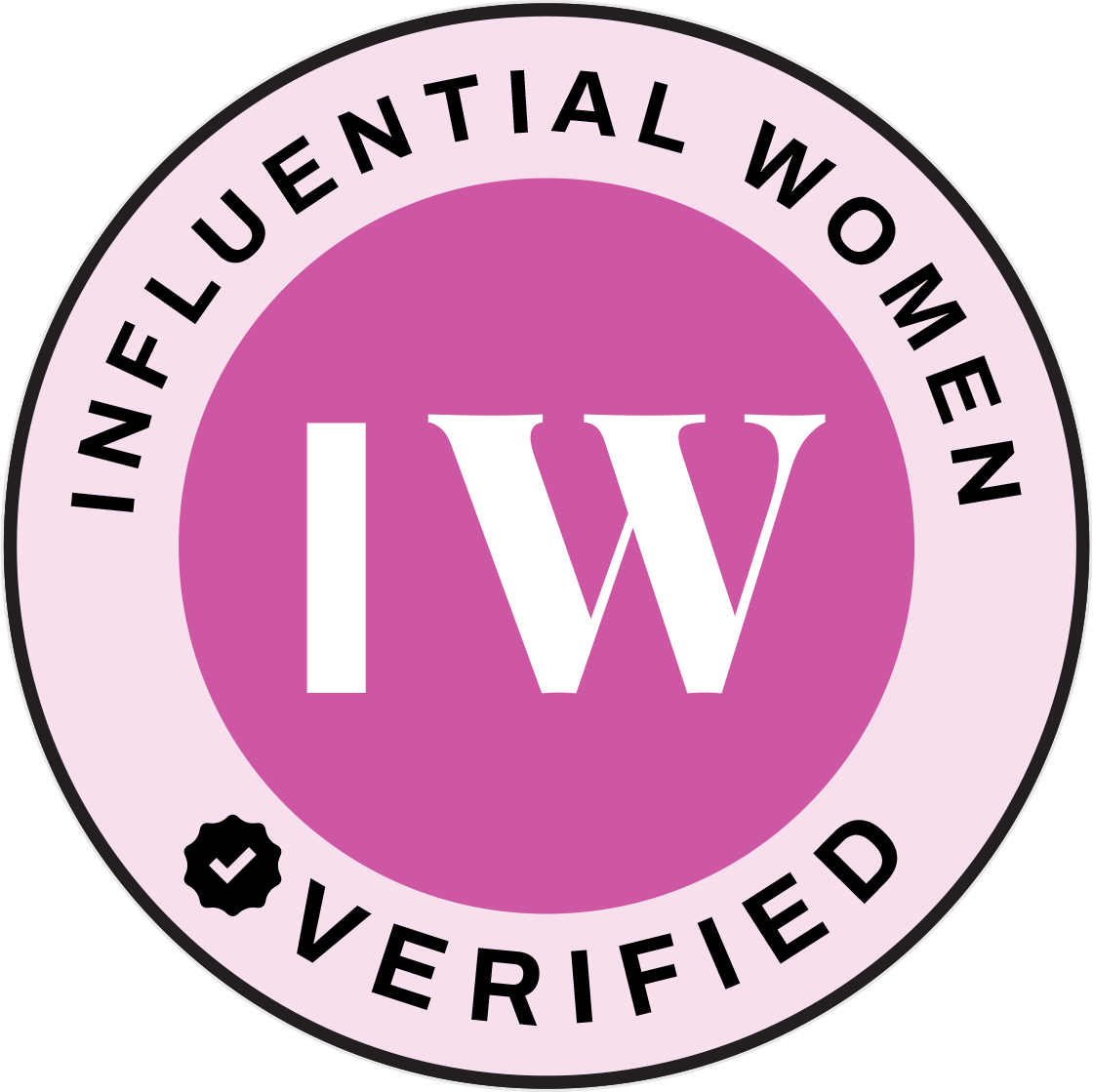 Influential Women Verified badge with pink circle and white IW letters