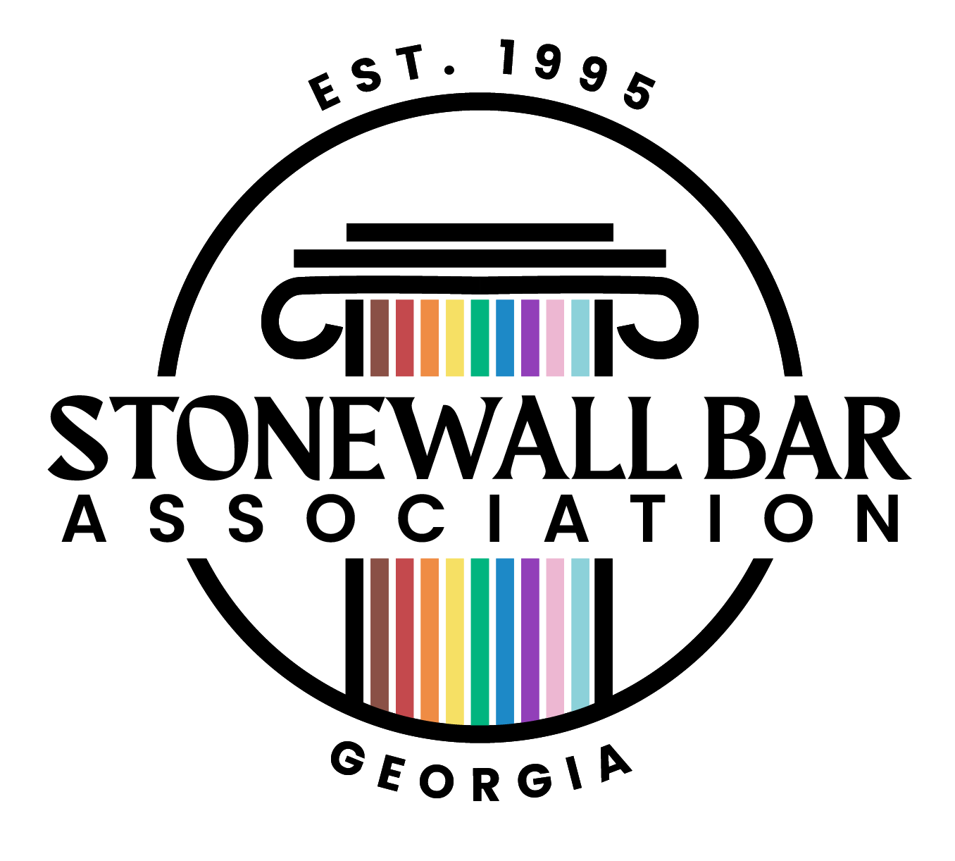 Stonewall Bar Association Georgia logo with rainbow stripes and black circular text