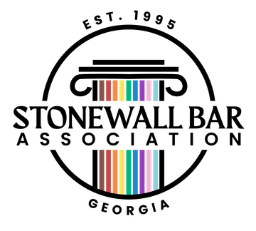 Stonewall Bar Association Georgia logo with rainbow stripes and black circular text