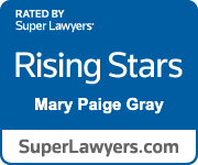 Super Lawyers Rising Stars badge for Mary Paige Gray, blue and white