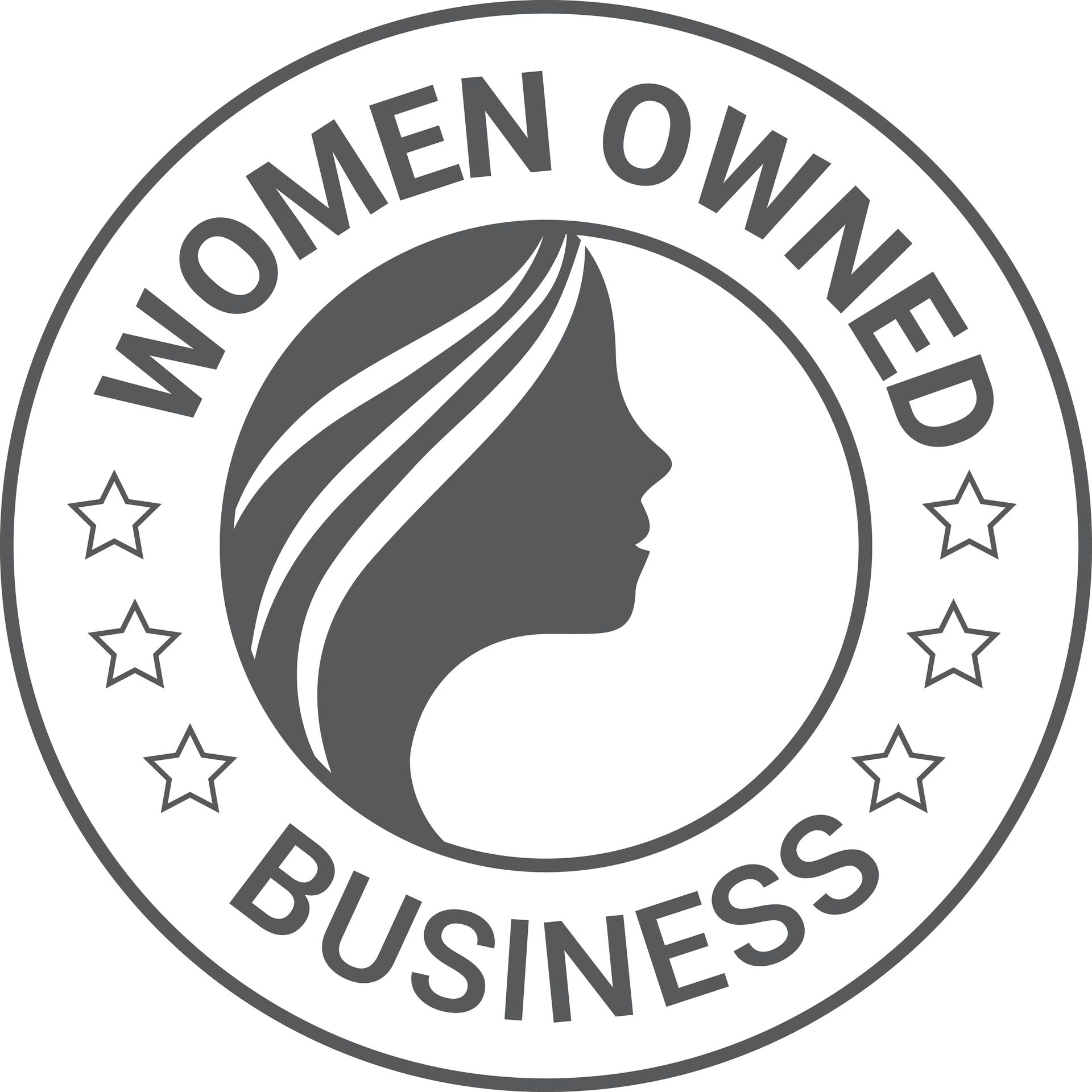 Women Owned Business circular badge with a female profile and stars in gray and black